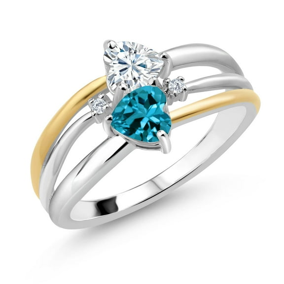 Gem Stone King 925 Silver and 10K Yellow Gold White Moissanite and London Blue Topaz and White Lab Grown Diamond Band Ring for Women (0.99 Cttw, Gemstone, Heart Shape 5MM, Size 6)