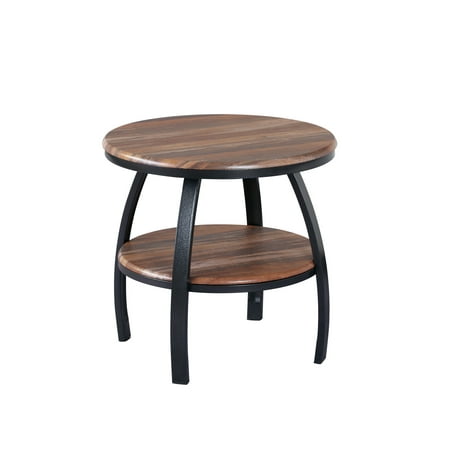 Natural End Table Emerald Home Carson Natural Wood and Soft Black End Table with Round Table Top, Metal Legs, And Open Shelving ()