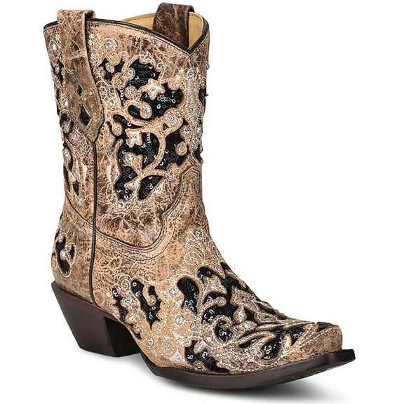 CORRAL Adult Female Brown Inlay & Embroidery & Studs & Crystals Ankle Boots, Size: 6, Width: M