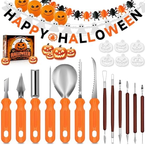 Halloween Pumpkin Carving Kit - 30-Piece Stainless Steel Pumpkin Carving Tools Set with Stencils & Banner Balloons, Jack-O'-Lantern Decorating Kits for Kids & Adults$$Home Decor, Kitchen, & Other