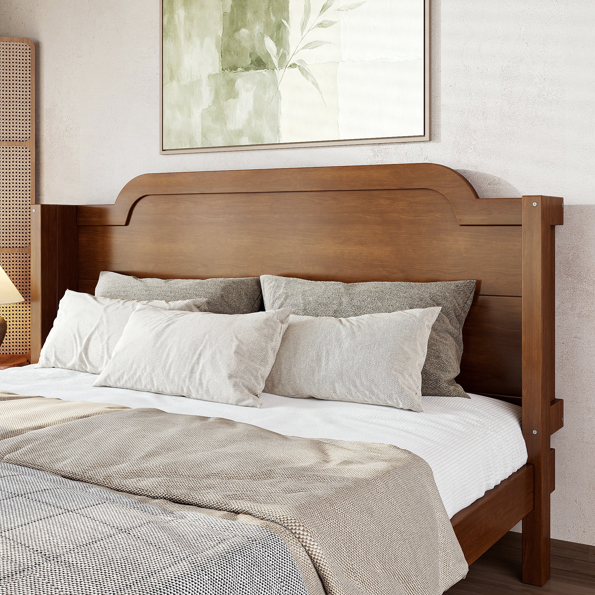 GARITIN Queen Solid Wood Platform Bed with Headboard, Brown Finish & Minimalist Design, Easy Assembly, No Box Spring Needed Traditional Wood Bed Frame, Brown