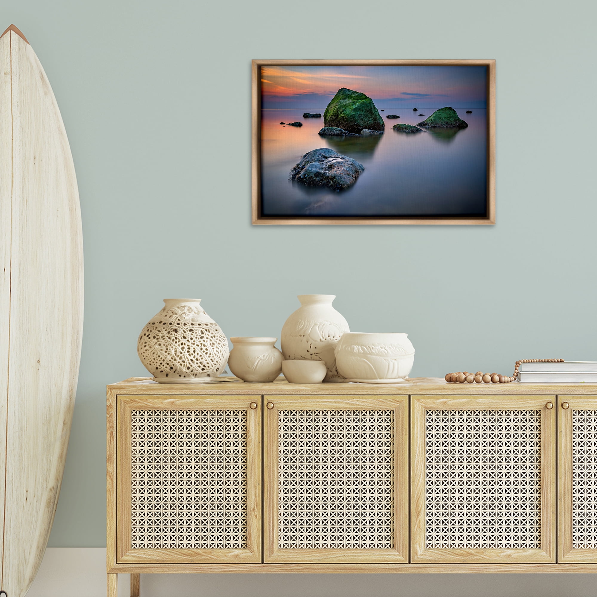 Stupell Industries Mossy Rocks Protruding Sea Landscape & Nature Photography Brown Floater Framed Canvas Art Print Wall Art, 31 x 21