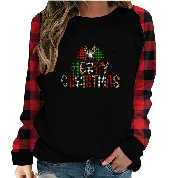 Camisas Navideñas Para Mujer Tops de Manga Larga Moda Casual Estampado de Cuello Redondo Blusa Superior Suelta Jersey Odeerbi ODB200648