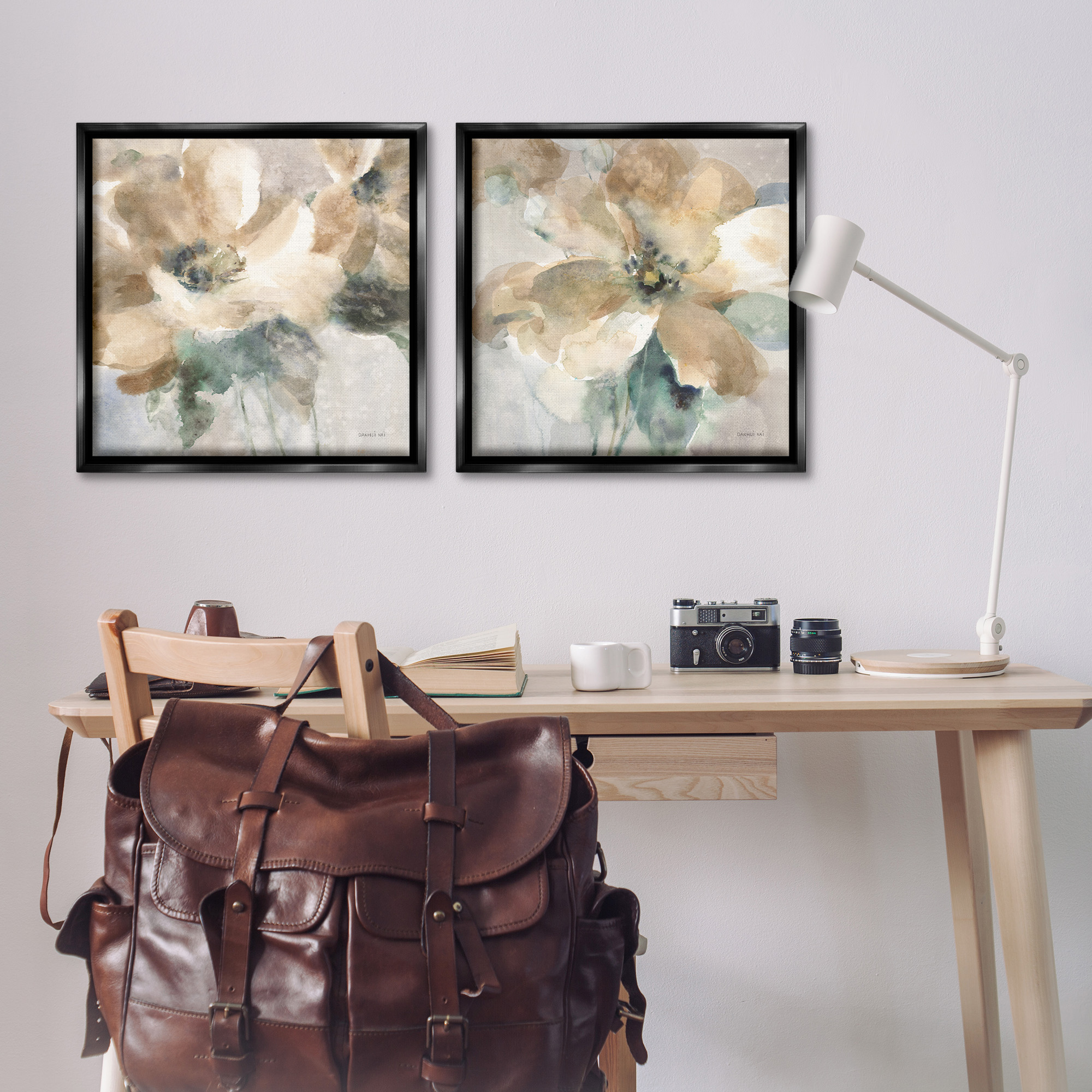 Stupell Industries Abstract Beige Flowers Botanical & Floral Painting Black Floater Framed Canvas Art Print Wall Art, 25 x 25, Set of 2