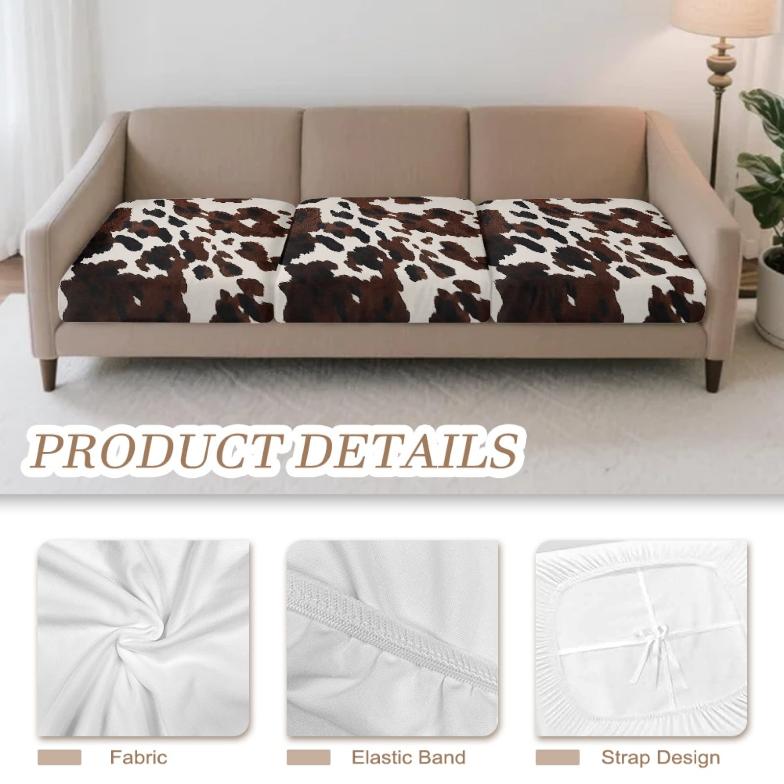 COEQINE Sofa Cushion Cover with Elastic Bottom, Soft Sectional Couch Cushion Slipcover Washable Individual Seat Slipcover Non-Slip Dog Couch Cover, 3 Pieces, Black Brown Cow Print