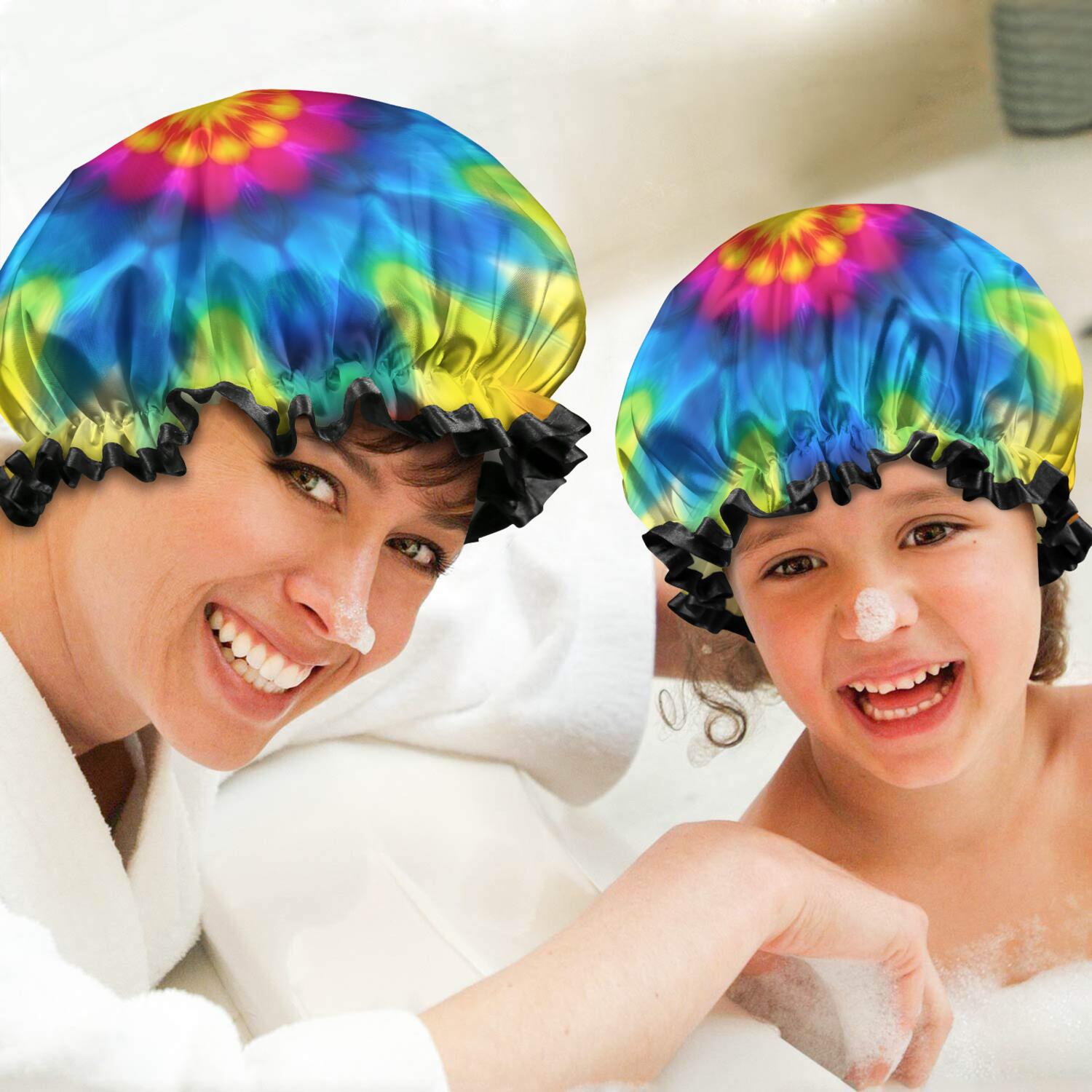 Shower Caps,Colorful Tie Dye Mandala Pattern Waterproof Shower Cap for Women 4 Pieces,Double Reusable Hair Cover for Shower PEVA Elastic Stretch Hem
