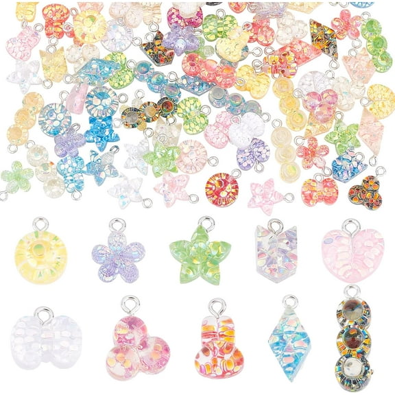 1 Box 100pcs Flower Charms Heart Star Pendants Butterfly Charms 10 Styles Colorful Epoxy Resin Charms Cute Charms Sequin Pendants Chunk Charms for DIY Keychain Bag Jewelry Necklace
