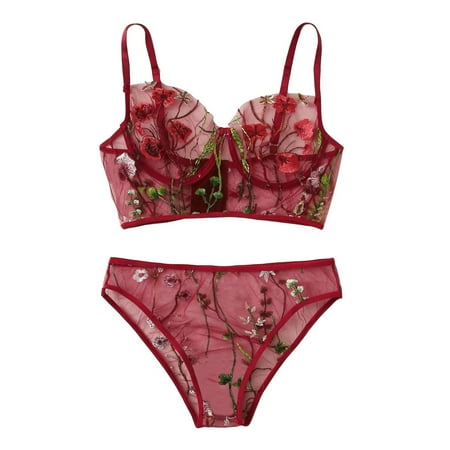 

Follure Women s Floral Embroidery Sheer Mesh Lingerie Set Lace Bra and Panty 2 Piece Red