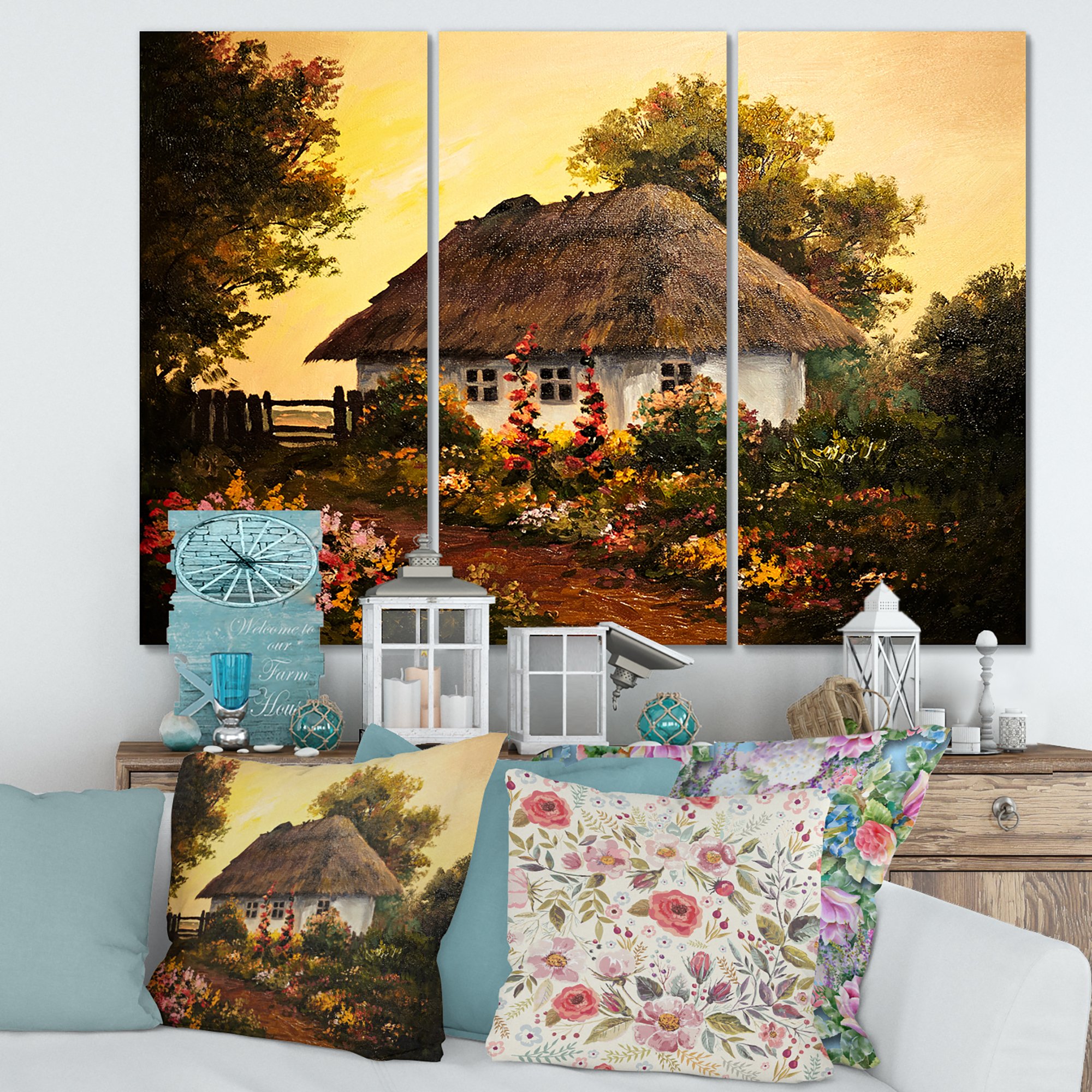 Designart ' Traditional Cottage At Sunset In Autumn Flowers ' Traditional Canvas Wall Art Print