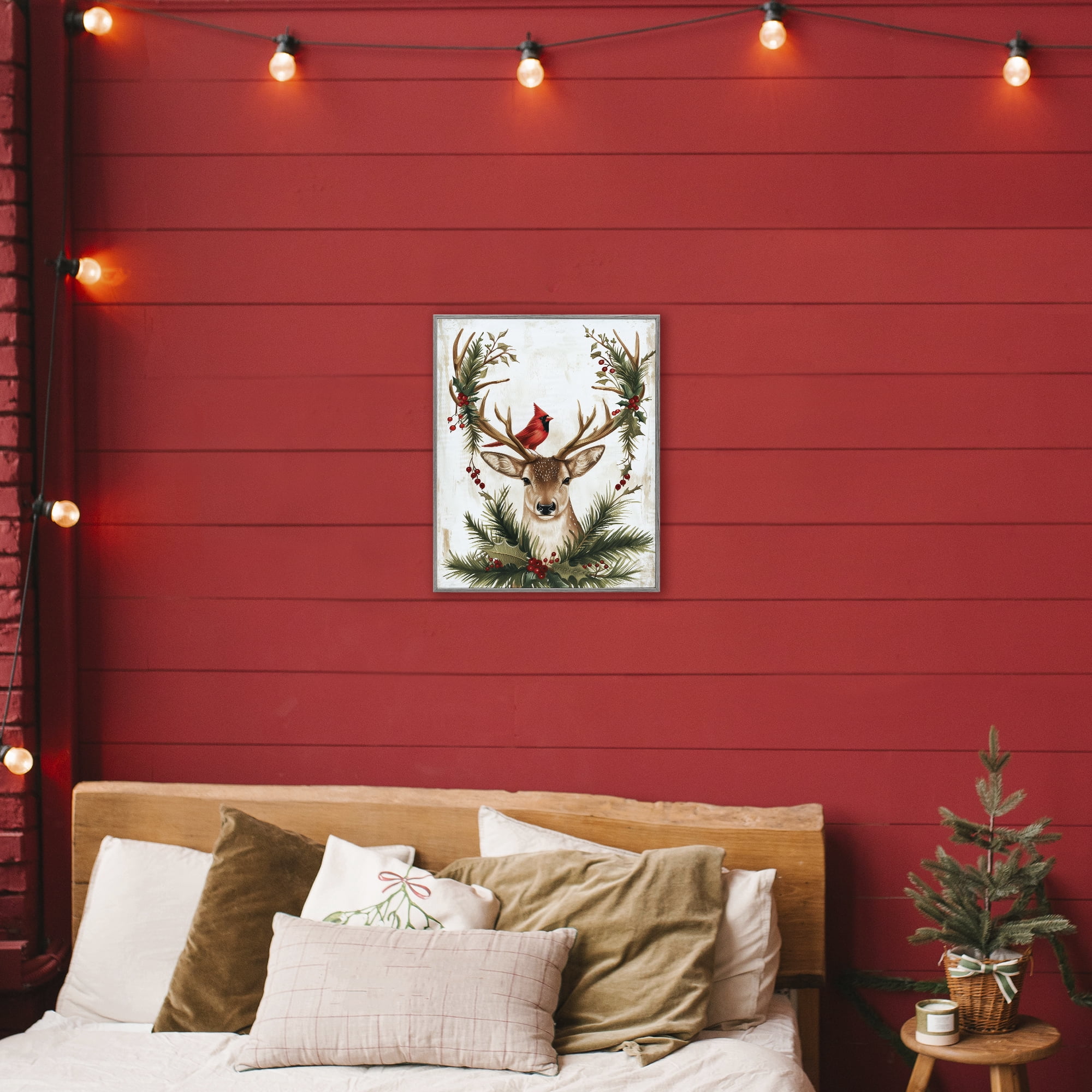 Stupell Industries Cardinal & Deer with Festive Flora Gray Framed Giclee Art, design by Acorn & Ivory Designs