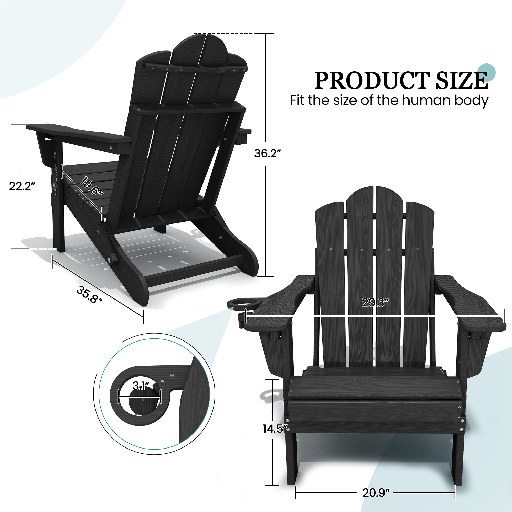 KINGYES Folding Adjustable Adirondack Chairs Set of 4, All Weather Use Reclining Adirondack Chair, HDPE Adirondack Outdoor Chair - Black