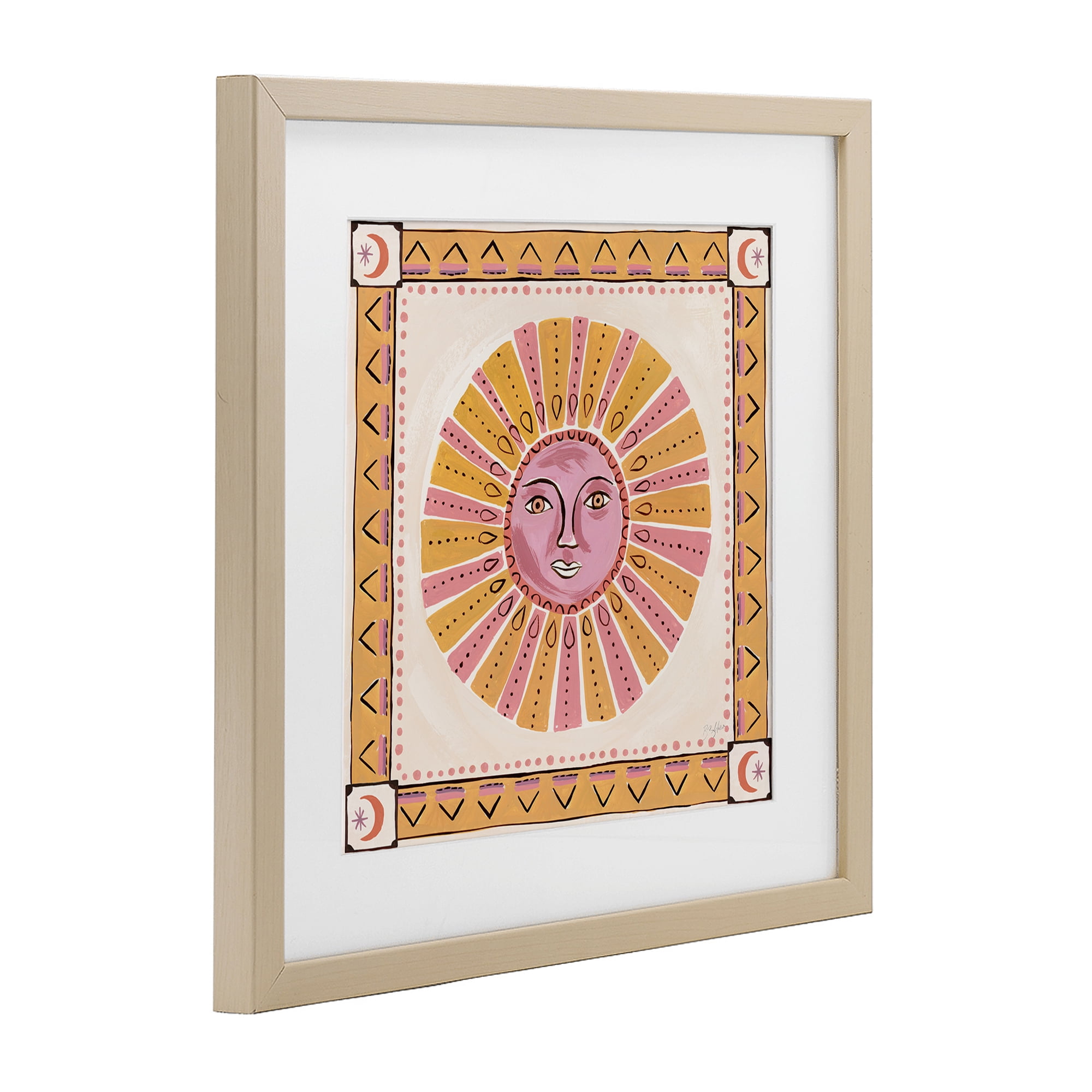 Stupell Industries Pink Sun Face with Geometric Border Birch Framed Print Under Glass, design by Two If By Sea Studios