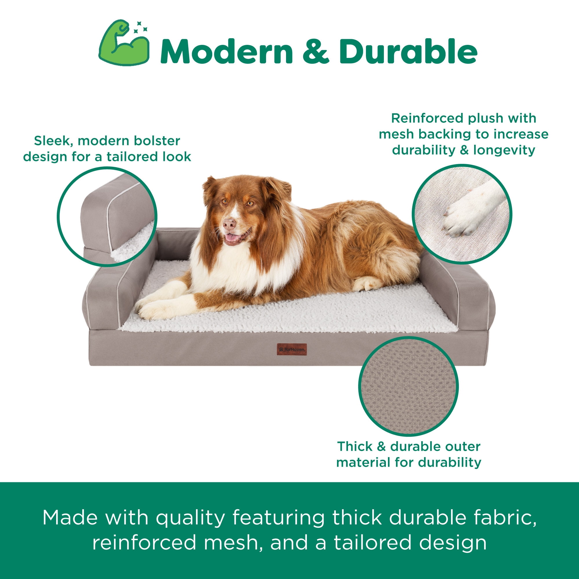 FurHaven Large (27"x36") Orthopedic Dog Bed – Textured Plush & Coated Poly Modern Sofa Pet Bed, CertiPUR-US Foam, Removable Washable Cover, Greige