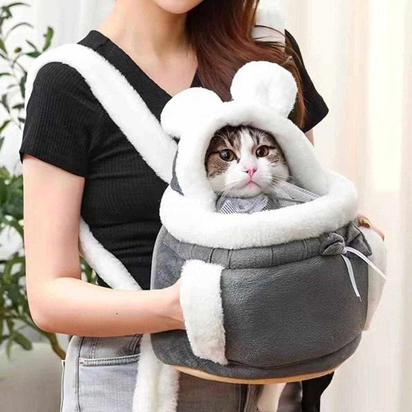 Warm Pet Carrier Bag Small Cat Dogs Backpack Winter Plush Pets Cage for Outdoor Travel Pet Hanging Chest Bags 6kg Load-Bearing (Color : Grey, Size : Large)