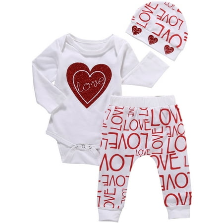 Babys Valentine's Day Outfits Long Sleeve Love Romper With Pant And Hat 12-18 Months