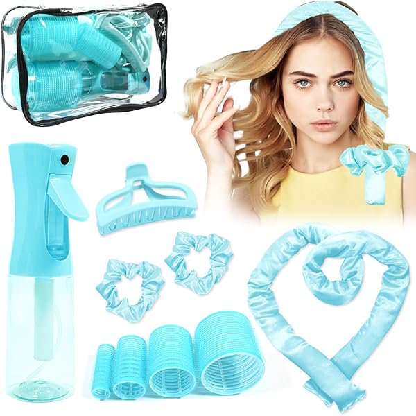 wonima02 Heatless Curls Overnight, Heatless Hair Curler and Curling Scrunchie Set, Heatless Curling Rod with Spray Bottle, No-Heat Hair Curlers, Overnight Blowout Rods, for Medium to Long Hair (Green)