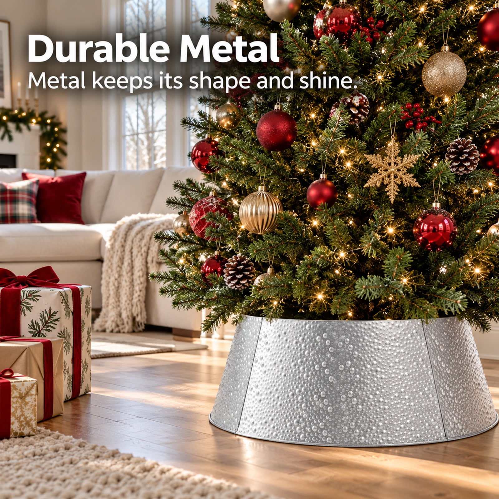 Alvantor Metal Christmas Tree Collar, Waterproof Cover, Silver, 26.57 x 22.05 x 9.45 In