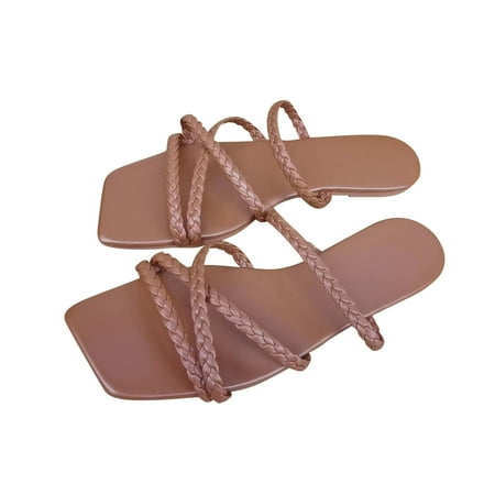 

YanHoo Women s Flat Sandals Strappy Square Open Toe Slip on Sandal Dressy Ladies Summer Beach Slipper Shoes