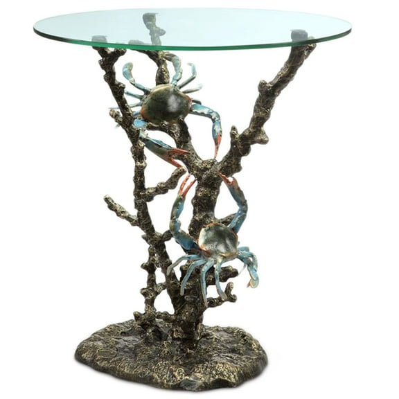 SPI Aluminum Coral and Crab Decorative Glass Top End Table