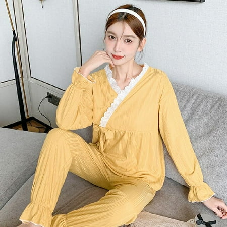 

DanceeMangoo Womens Pajama Set Spring Autumn Lace Sleepwear Shirt Women Pijamas Set Long Sleeve Sweet Leisure Girls Trousers Outwear Clothes