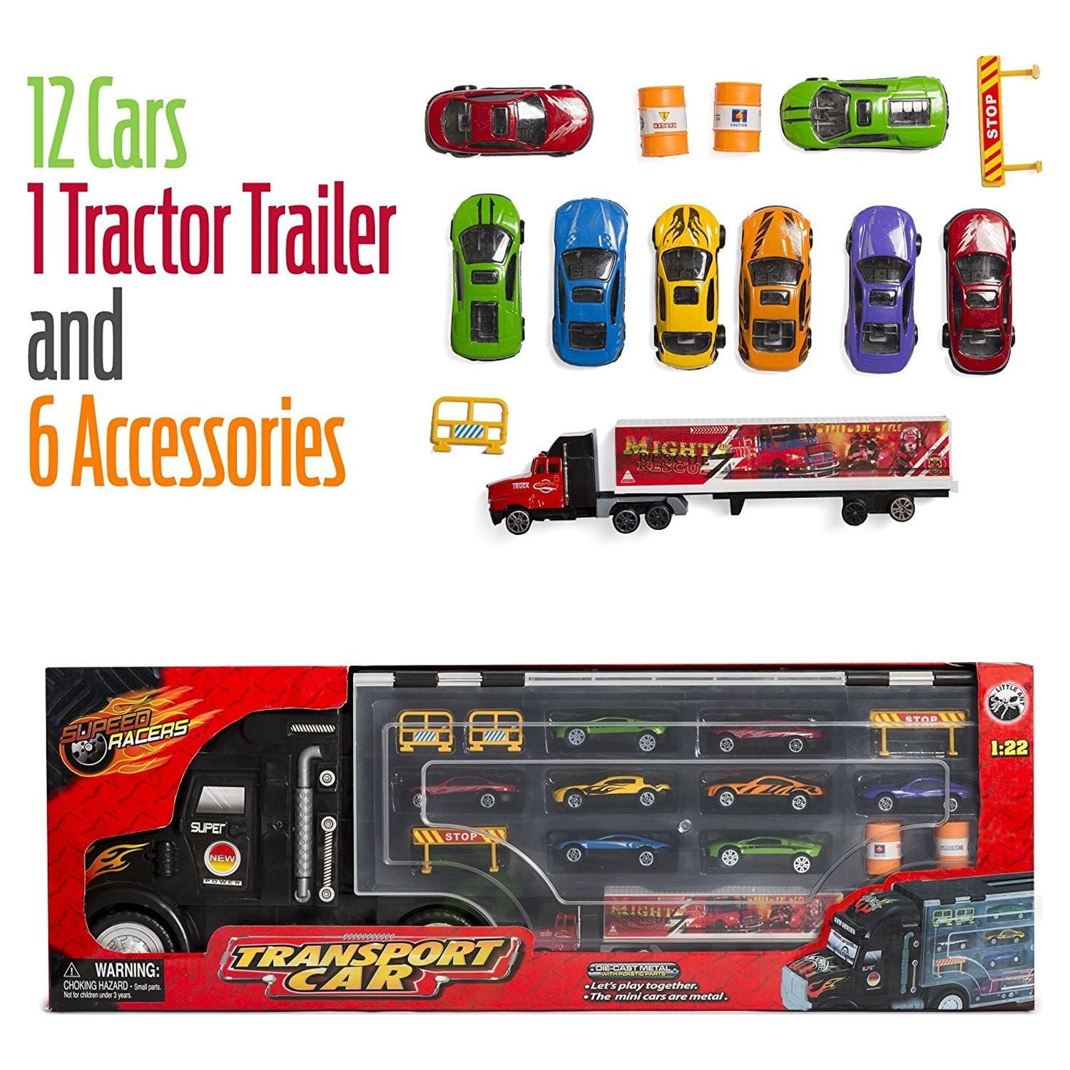 Toy Truck Super Mega Extra Large Tractor Trailer Car Collection Case Carrier Transport Toy Truck For Kids Includes 12 Cars 1 Small Tractor Trailer & 6 More Accessories