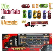 Toy Truck Super Mega Extra Large Tractor Trailer Car Collection Case Carrier Transport Toy Truck For Kids Includes 12 Cars 1 Small Tractor Trailer & 6 More Accessories
