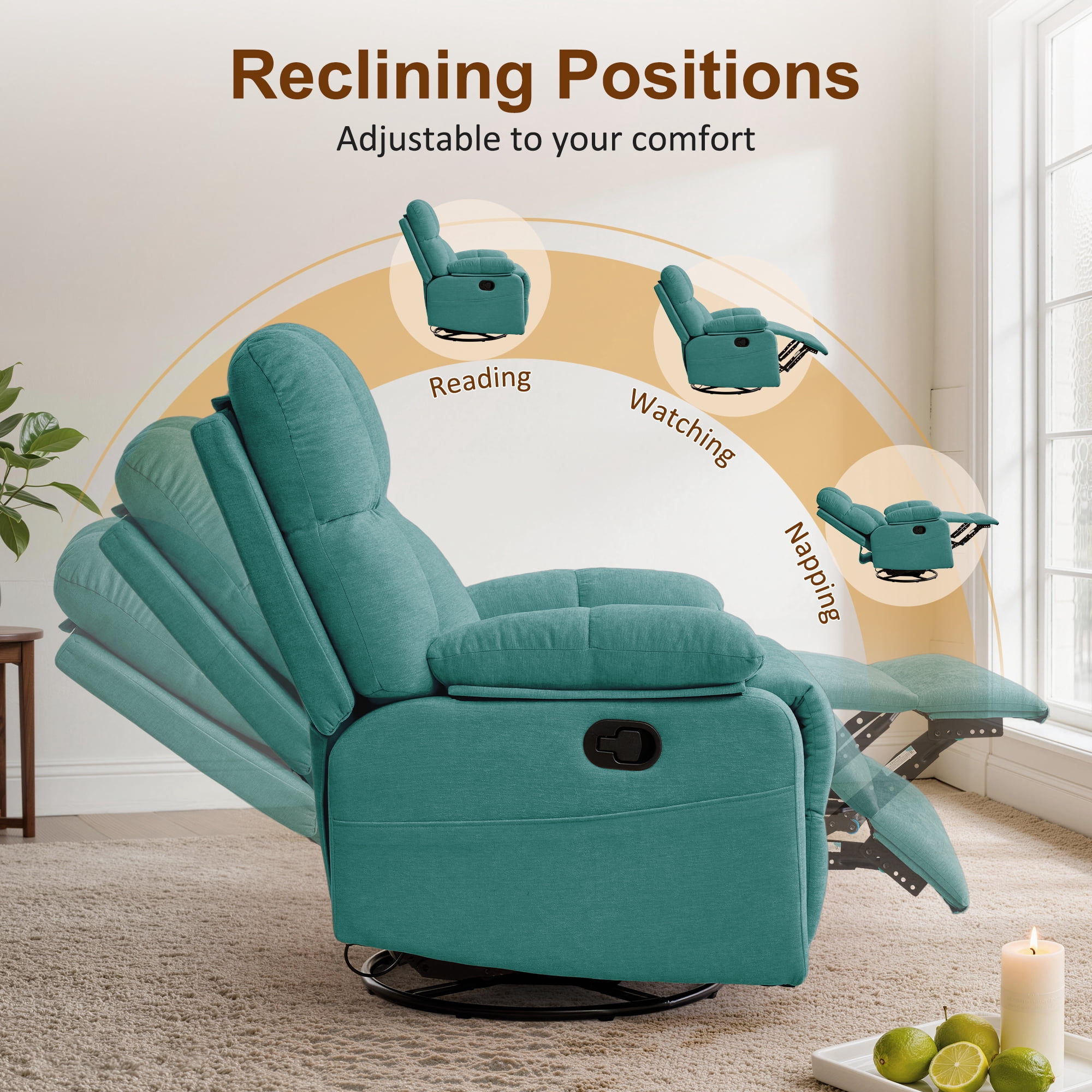 GEEYOO Swivel Rocker Recliner Chair for Adults,360°Swivel Nursery Recliner with Side Pockets,Small Recliner Chair for Small Spaces for Living Room,Linen,Green
