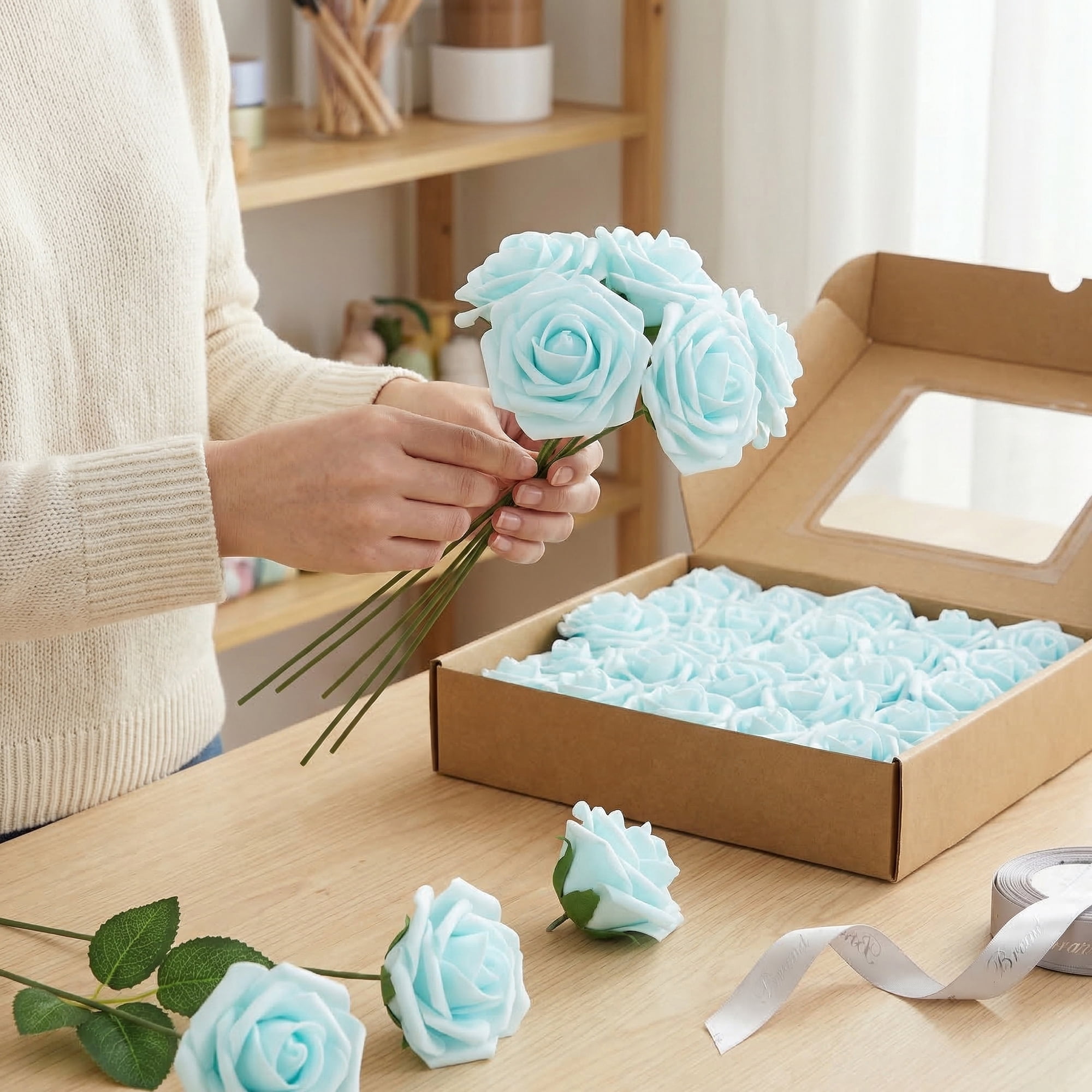 Unique Bargains Artificial Detachable Rose Silk Flower Azure 7.1"