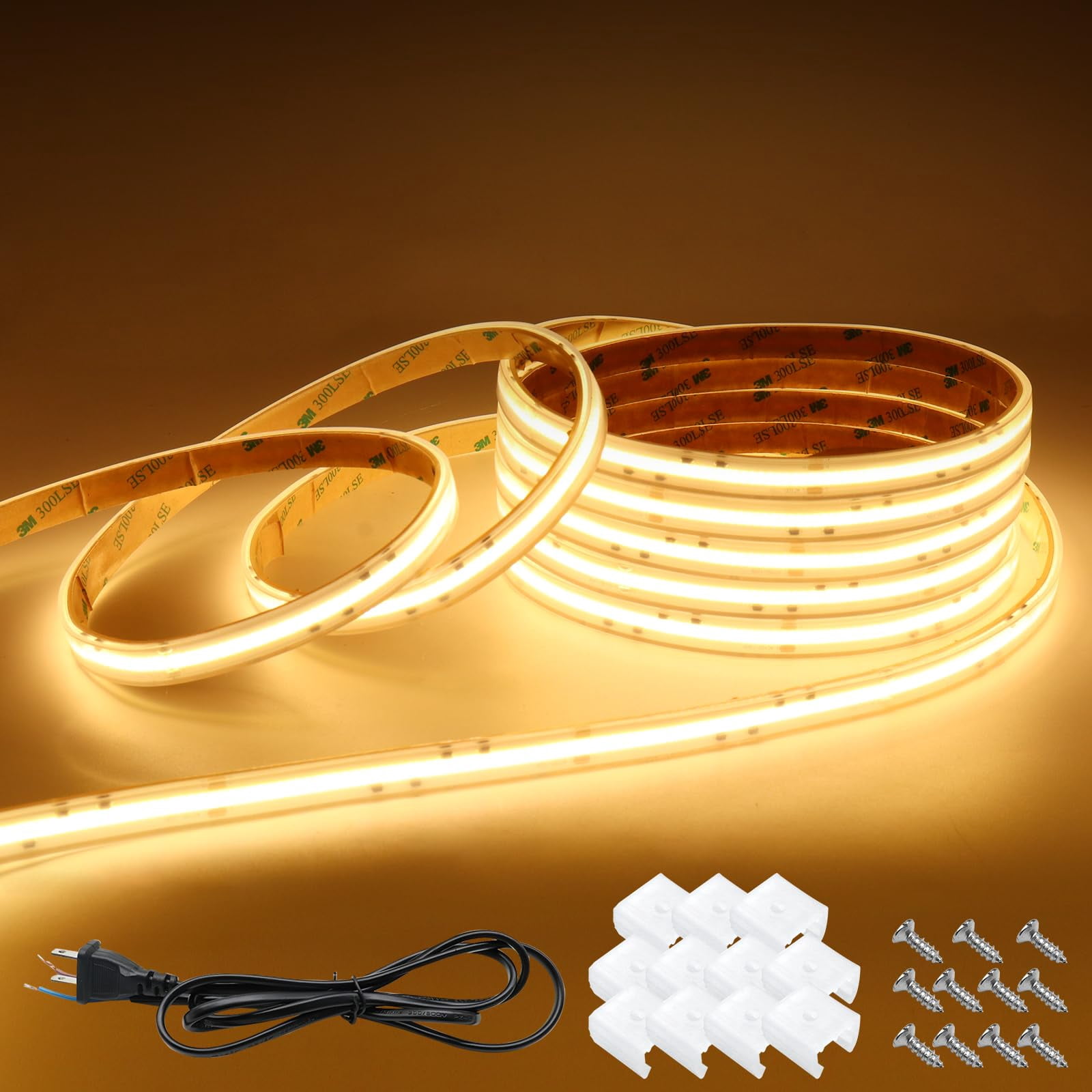 10m (32.8ft) AC 110V-120V COB LED Strip Light, High Density 480 LEDs/m, Super Bright 1500LM/m IP67 Waterproof, Dimmable Flexible LED Tape Light for Indoor Outdoor Use, 3000K Warm White