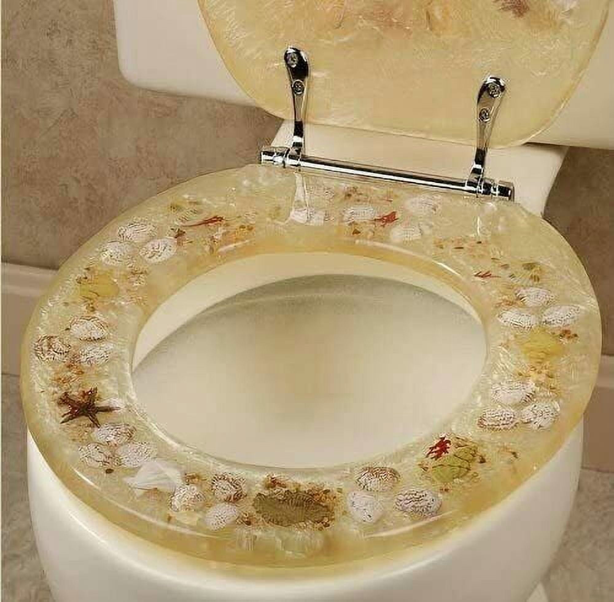 Beige Resin Standard Round Hard Toilet Seat with Seashells Embedded, Chrome Hinges