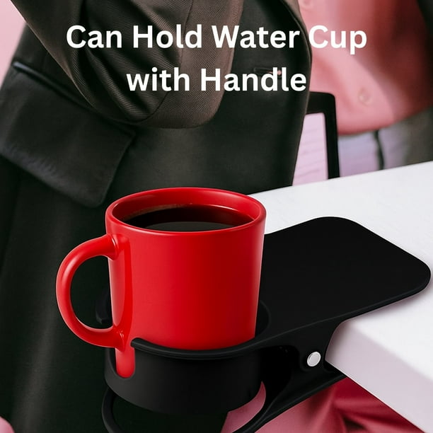Clip-on Cup Holder for Desk, Table, Chair, Secure Drink Holder Clamp for Coffee Mug, Water Bottle - Black