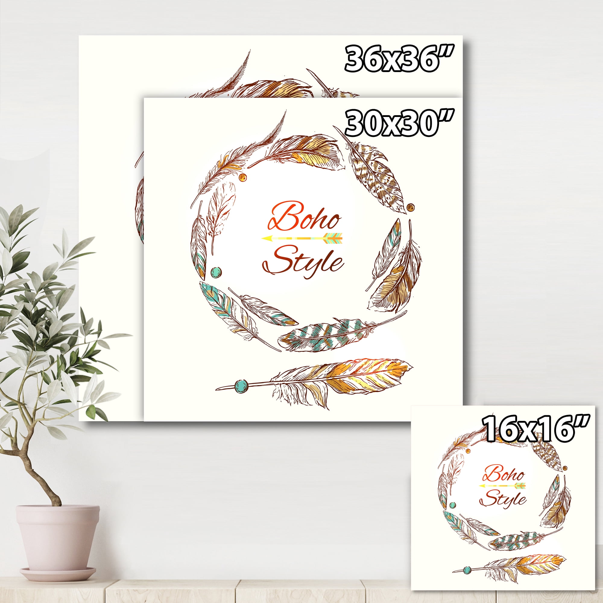 Designart ' Wreath Of Ethnic Beige Boho Feather ' Bohemian & Eclectic Canvas Wall Art Print