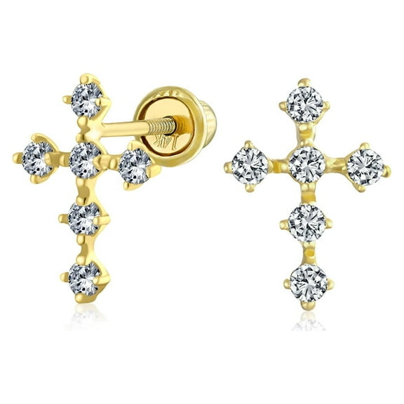Bling Jewelry Womens 14K Yellow Gold Cross Stud Earrings with Tiny Clear CZ