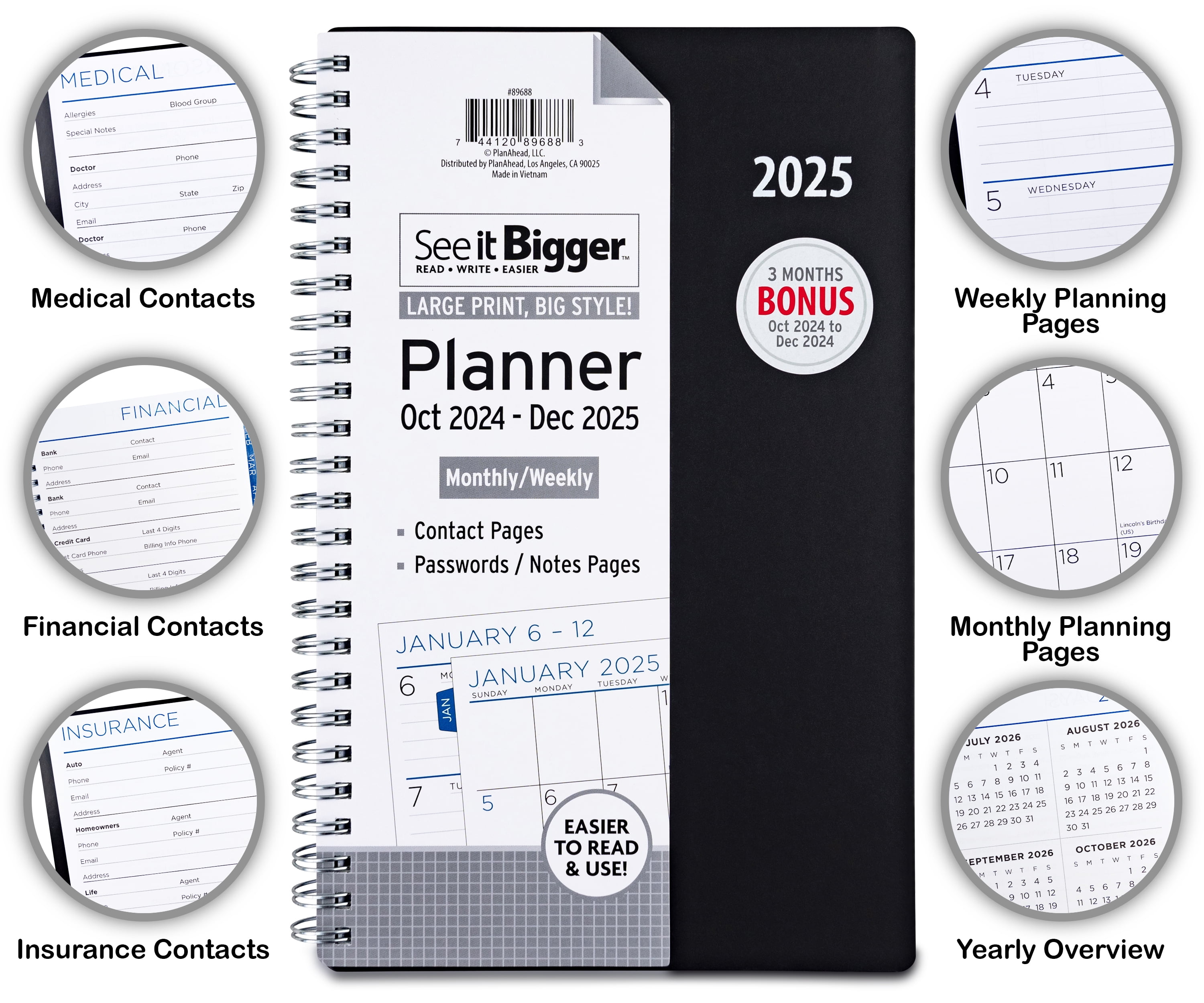 See it Bigger October 2024 - December 2025 Weekly Dated Planner (5.75"x 8.75") Black