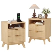 Fluted Nightstand Set of 2 with Charging Station, 18" Modern Side Table, 2 Drawers End Table with Storage, Bedside for Bedroom, Living Room, Curved Profile Design-2PCS