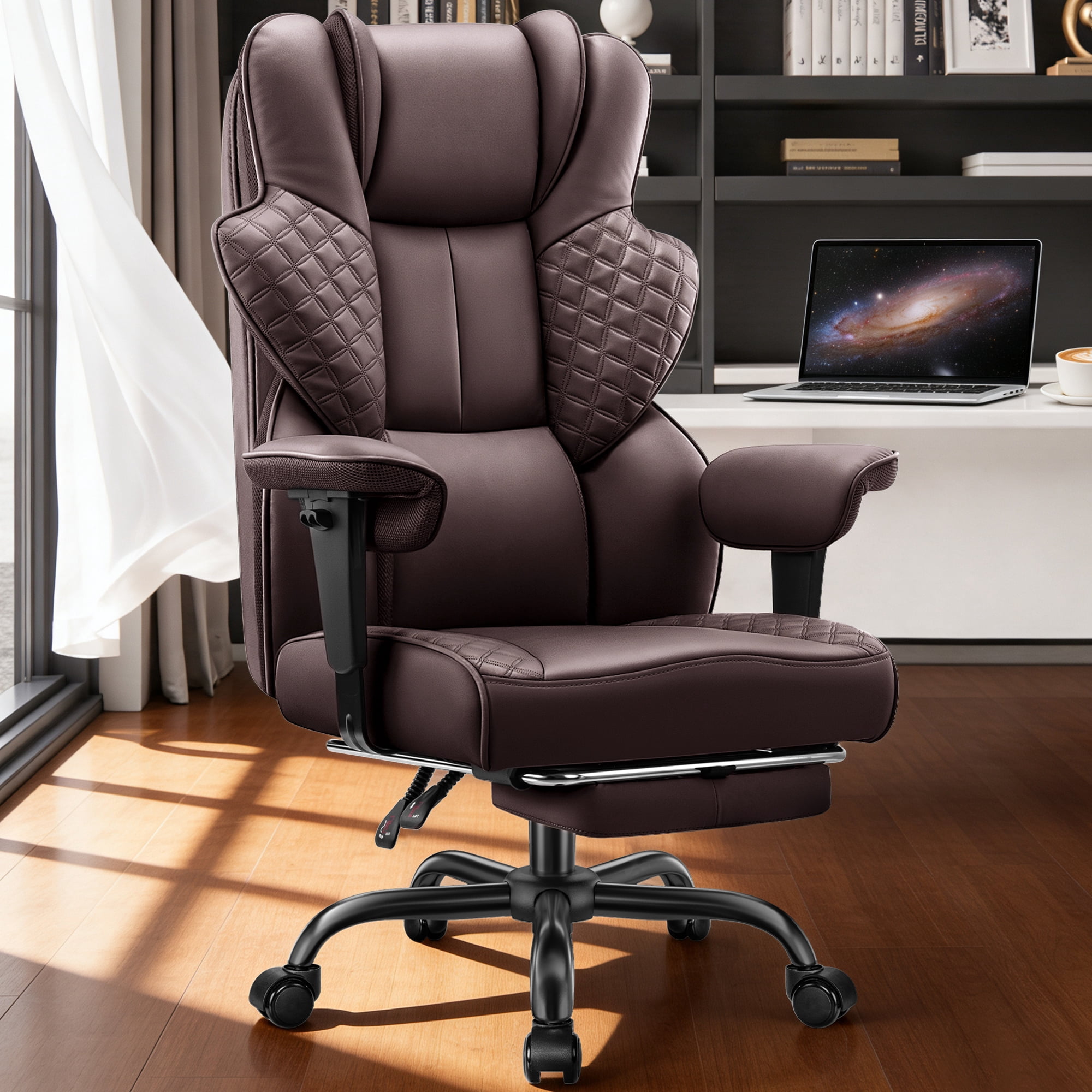 COOLHUT Big and Tall Office Chair 500lbs, Heavy Duty Ergonomic Office Desk Chair with Deluxe Embossing PU Leather with Footrest, Executive Gaming Chair with Lumbar Support, Coffee