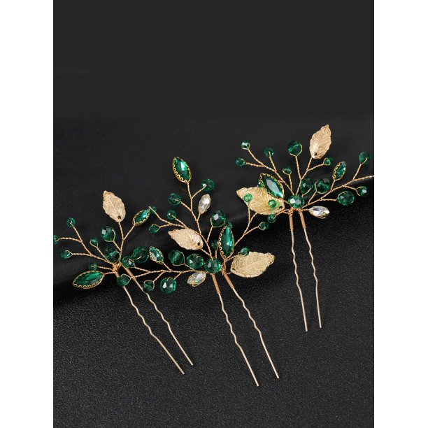 3pcs/Set Green Rhinestone & Gold Leaf Hair Pins Bridal Wedding Hair Accessories