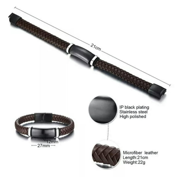 21cm Black Brown Microfiber Leather Bracelet Male's Black Clasps Stainless Steel