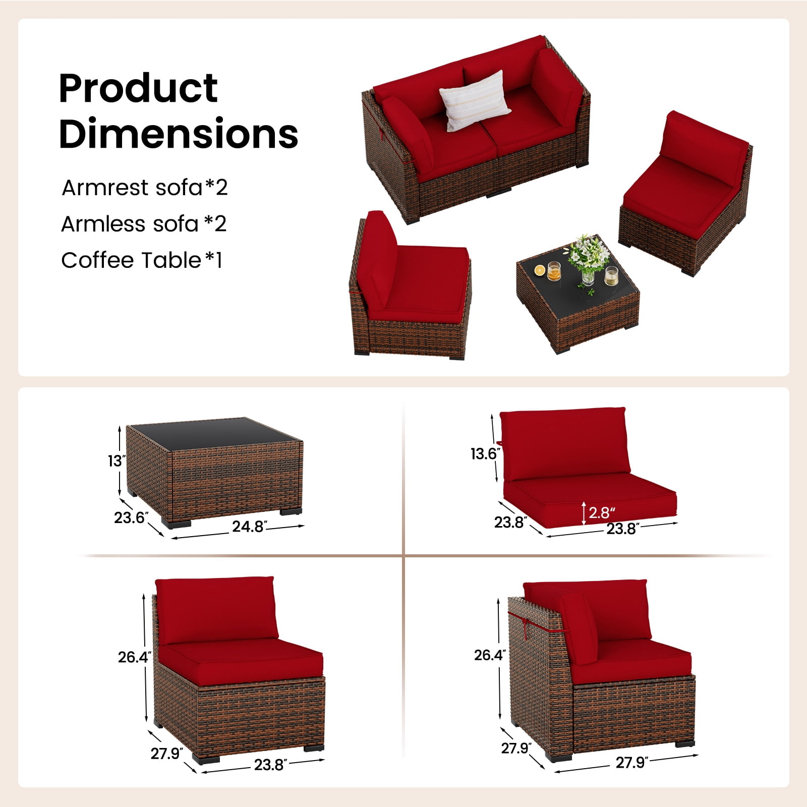 ELPOSUN 5 Pieces Patio Furniture Set, Outdoor Furniture Sectional Rattan Sofa for Backyard Garden(Burgundy)