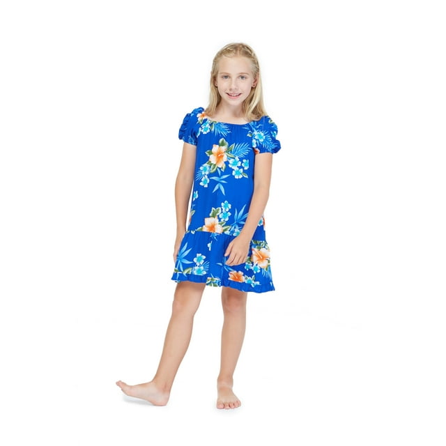 Robe à Volants Simple à Manches Courtes Hawaïenne pour Fille en Bleu Hibiscus Muumuu