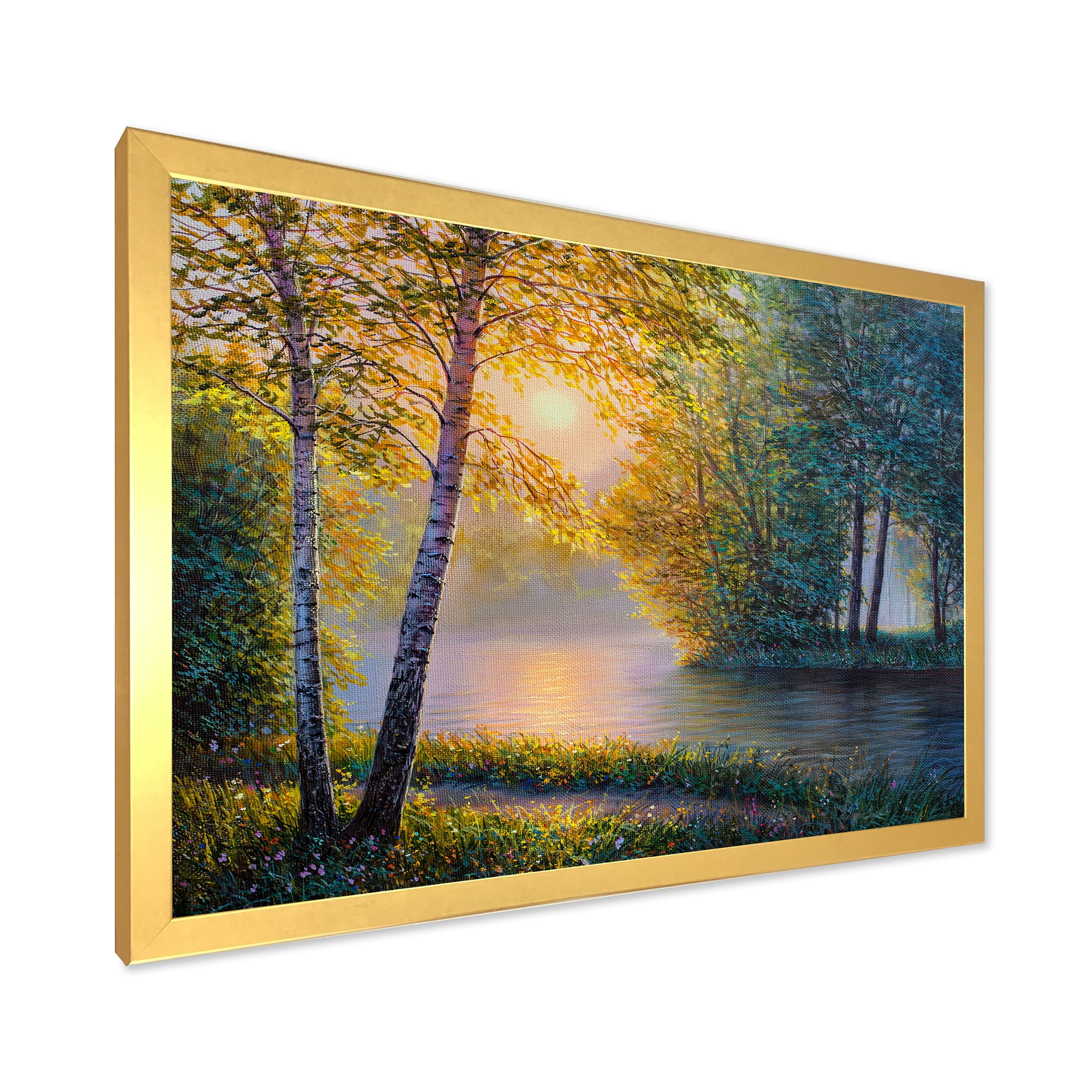 Sunrise Summer With Beautiful River Spring Forest 40 in x 30 in Framed Photography Canvas Art Print, by Designart