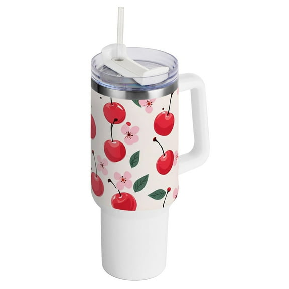 Cherry and Flowers 40 oz Tumbler with Handle and Straw Insulated Travel Mug Reusable Stainless Steel Water Bottle