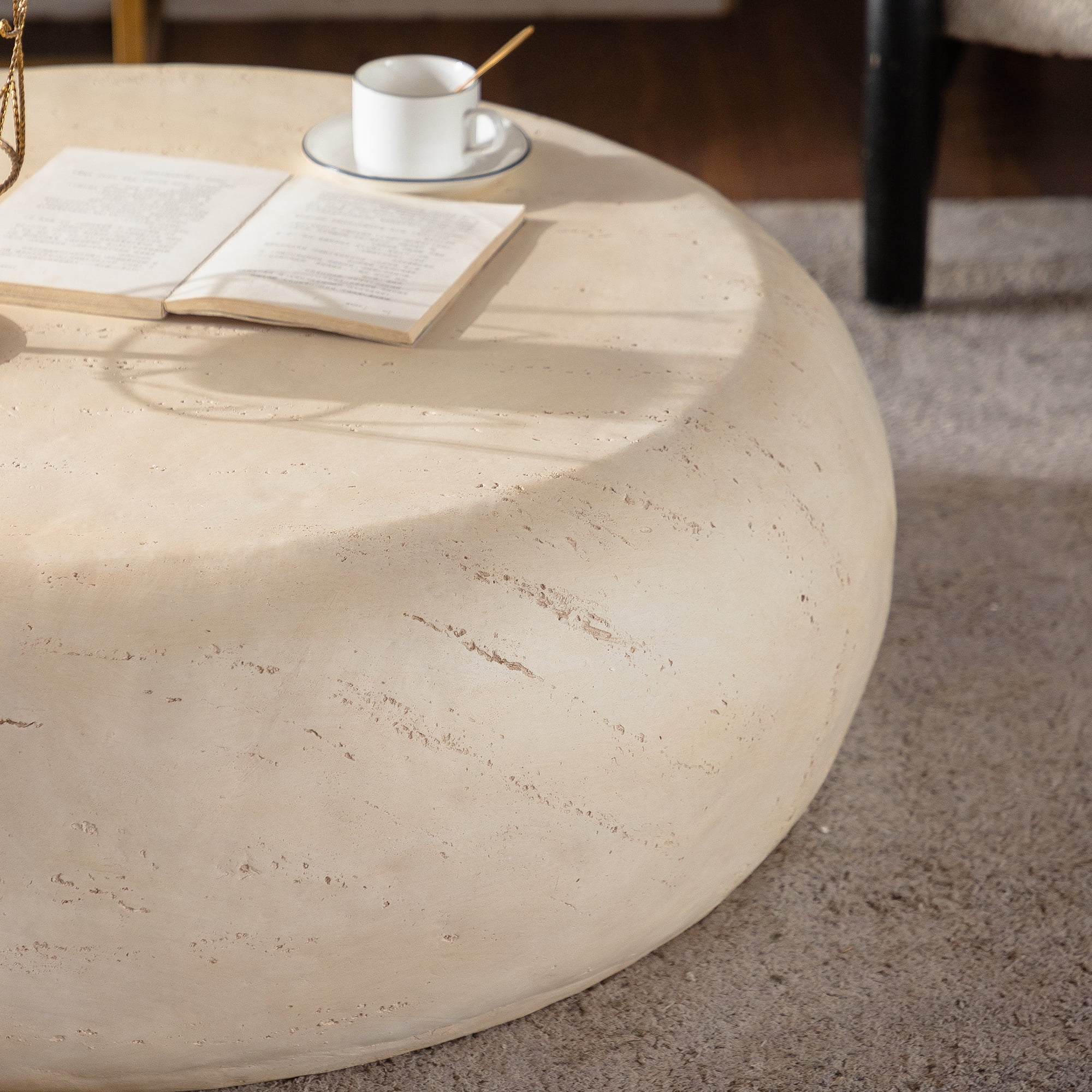 Leumius Mid-Century Round Centre Coffee Table Vintage Faux Stone Sofa Pre-Modern Coffee Tables Beige Coffee Table for Living Room Office Apartment & Outdoor Home Decor