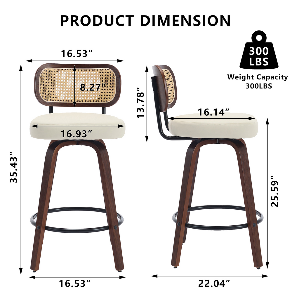 thumbnail image 3 of Bocarali 26 in. Swivel Counter Height Bar Stools Set of 3, Faux Leather Upholstered Bar Chairs with Rattan Back, Mid-Century Modern Counter Stools with Walnut Bentwood Leg for Kitchen Island, Beige, 3 of 6