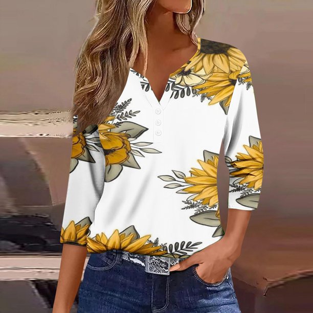 Fiudx Ofertas Relámpago Blusa de Manga 3/4 Corta Estampada a La Moda para Mujer, Blusa Informal con Cuello Redondo