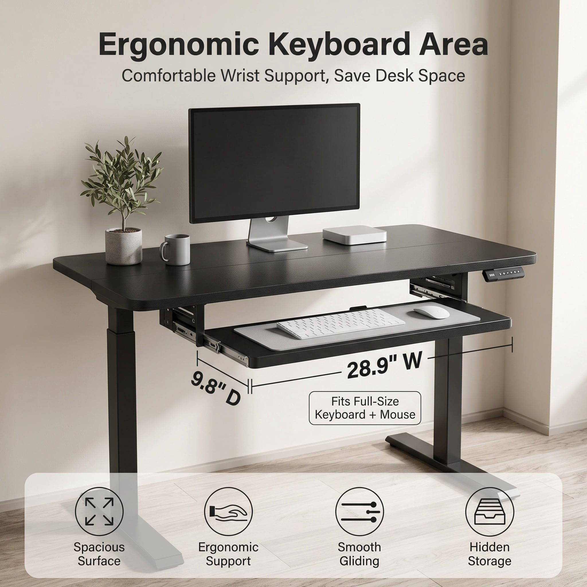 55" x 24" Electric Standing Desk with Keyboard Tray, Height Adjustable Sit Stand up Desk with Headphone Hook & 4 Height Memory Pre-Set for Home Office, Black