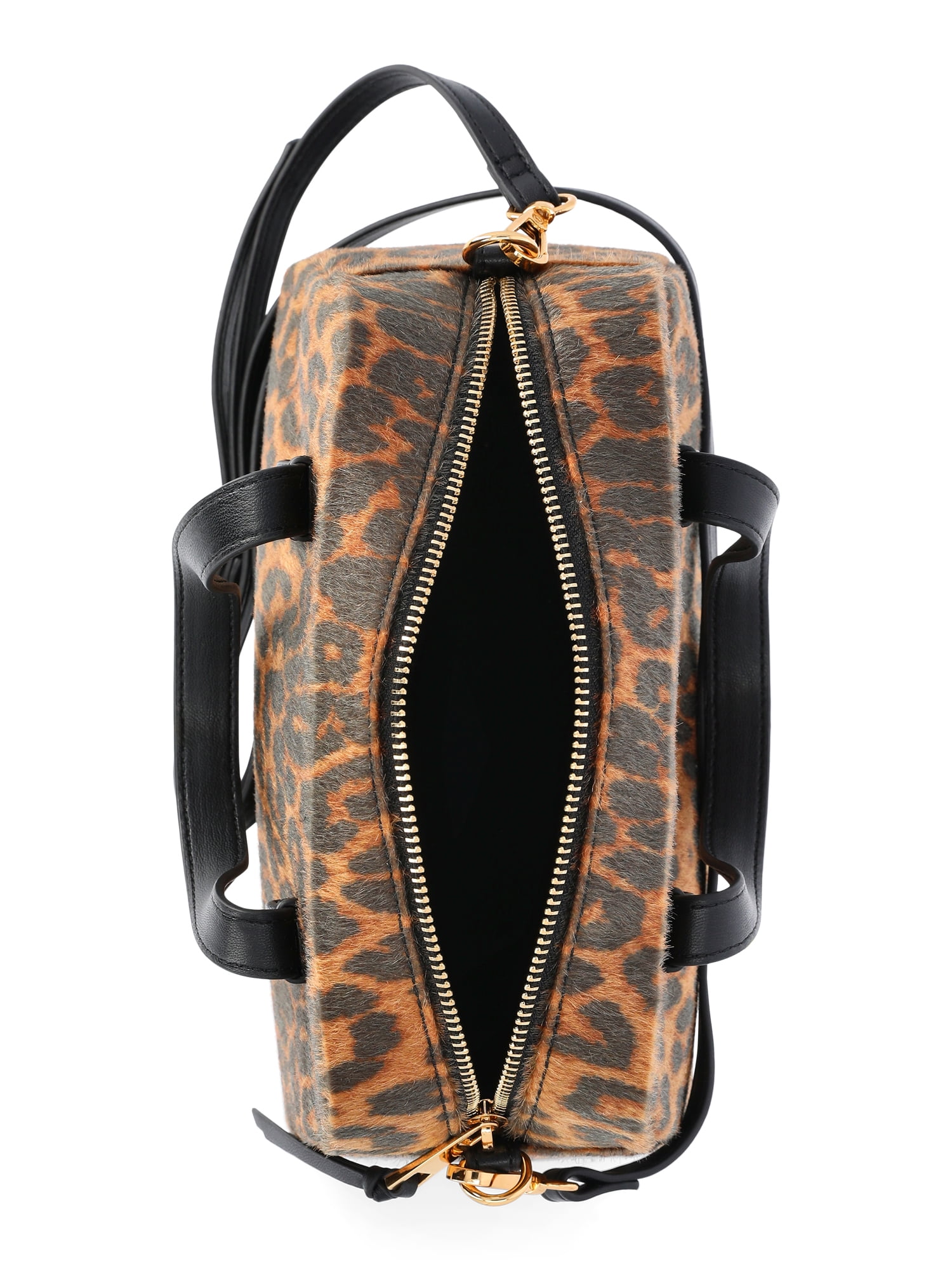 Time and Tru Women's Faux Fur Mini Satchel Bag with Crossbody Strap, Leopard