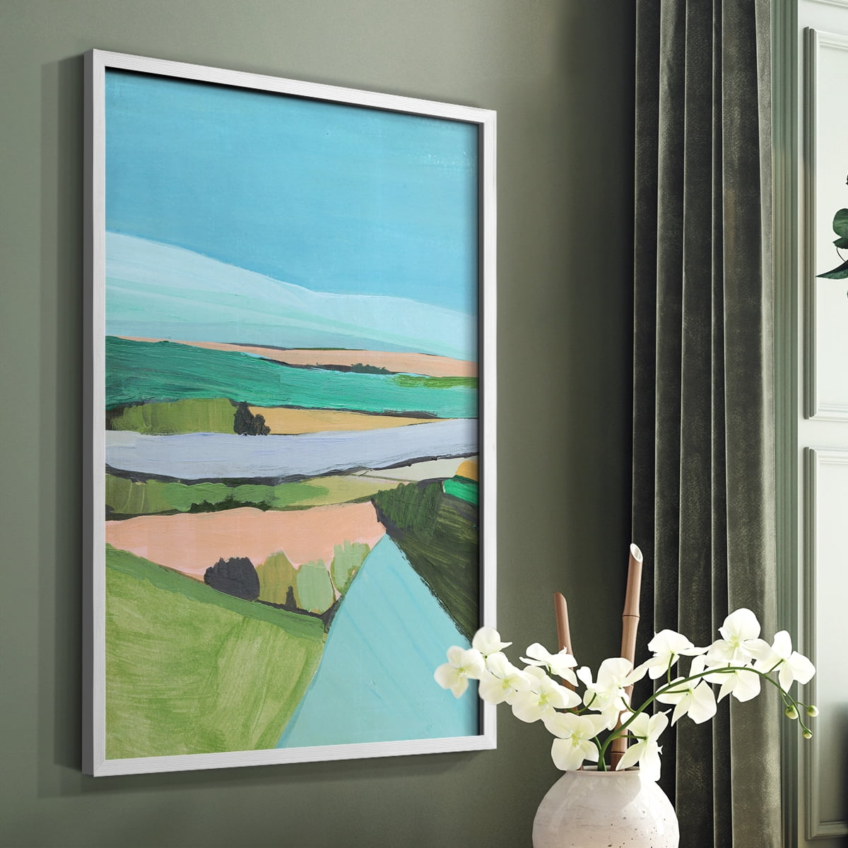 Bright Colored Countryside I Framed Print in White Solid Wood Framed Print No Nail Hanging