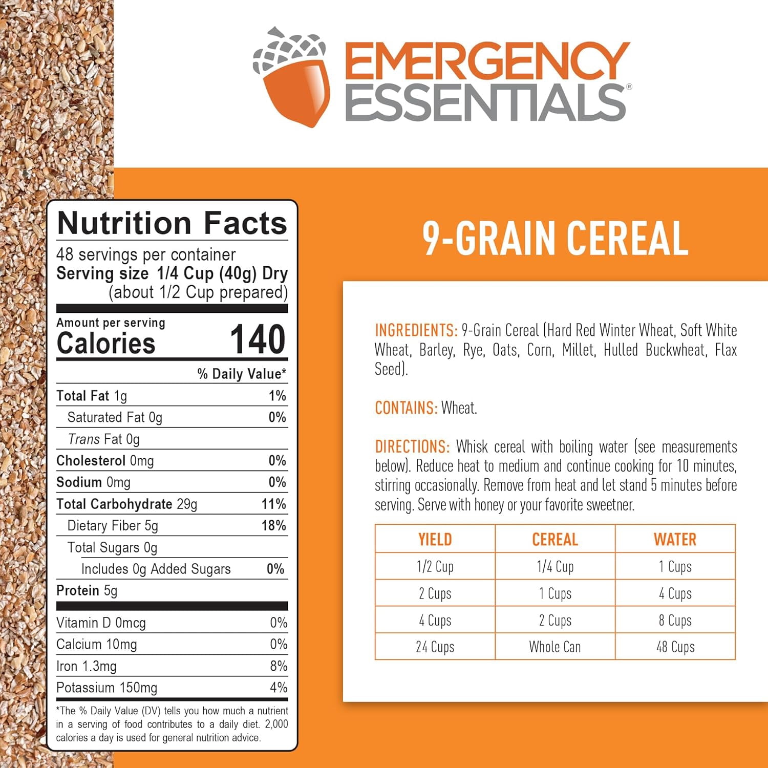 Emergency Essentials 9-Grain Cereal #10 Can - 48 Servings, High-Fiber Whole Grains, Long-Term Food Storage, Shelf-Stable Emergency Breakfast Mix, Bulk Pantry Staple