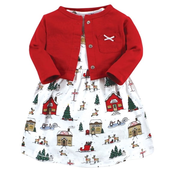 Hudson Baby Infant and Toddler Girl Cotton Dress and Cardigan Set, North Pole, 0-3 Months